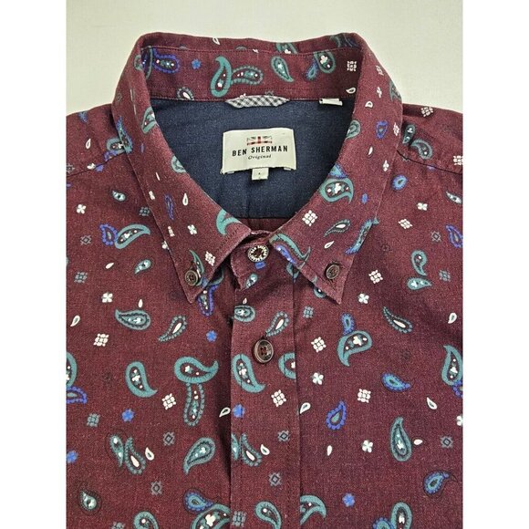 Ben Sherman Size Large Mens Burgundy Paisley Button Down Long Sleeve Logo Shirt - Picture 1 of 12